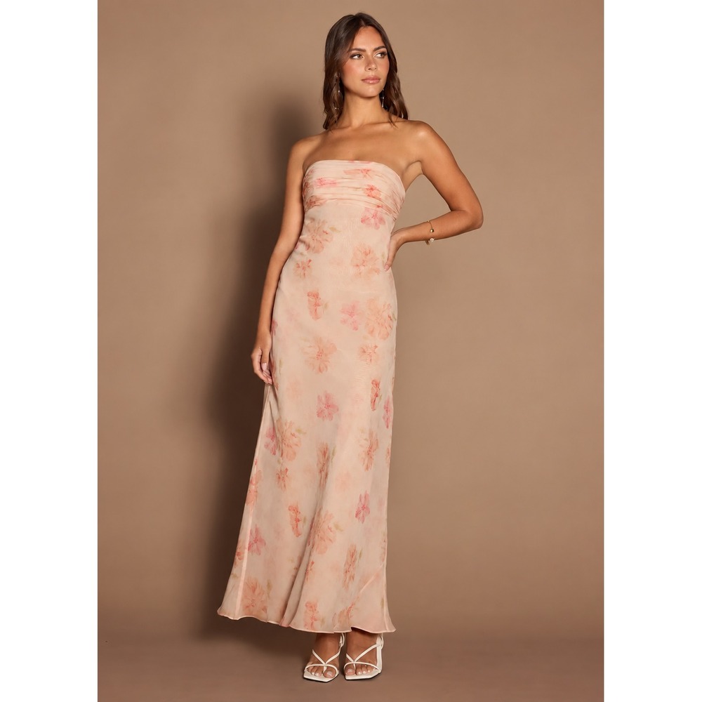 Azazie Kala Maxi Dress Pink Floral Chiffon Strapless Wedding Bridesmaid Formal 2